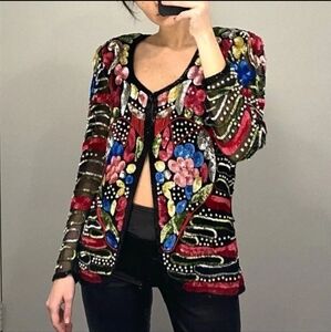 Sweelo Vintage 80s Silk Floral Sequin Beaded Jacket Multicolor Size Med